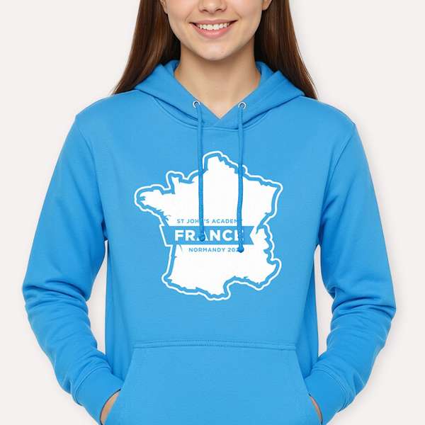 A school trip hoodie design printed on the front of a hoodie