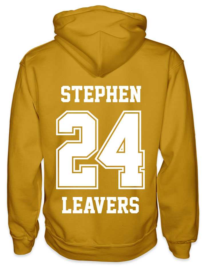 leavers hoodies solid 24 background design with a nickname printed across shoulders, solid 24, leavers printed at the bottom