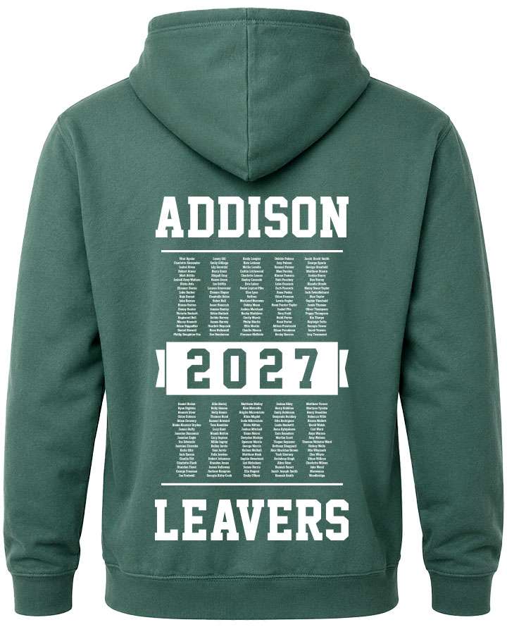 leavers hoodies year group list of names design with leavers printed across shoulders, names in a school class list, nickname printed at the bottom