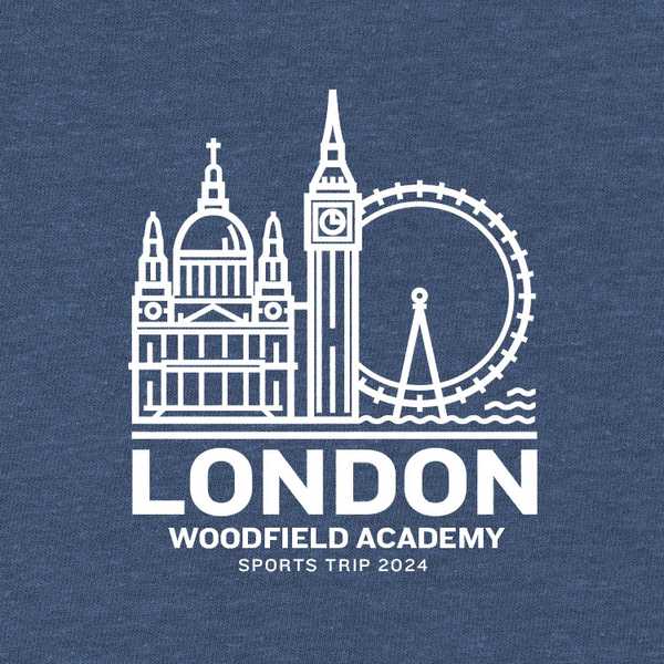 School trip hoodie design with an illustrated skyline of London