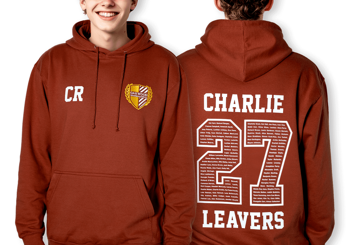 leavers hoodie with a school logo and 27 printed on the back