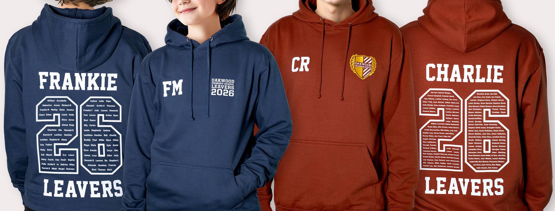 Leavers Hoodies 2026 Primary and secondary school students in leavers hoodies with a large "26" leavers design printed on the back