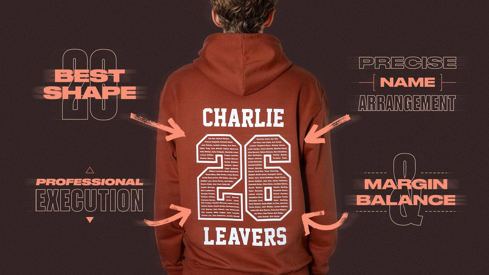the back of a school leavers hoodie showing the names in the number 26 print with an individual name across the shoulders and the word "leavers" printed underneath