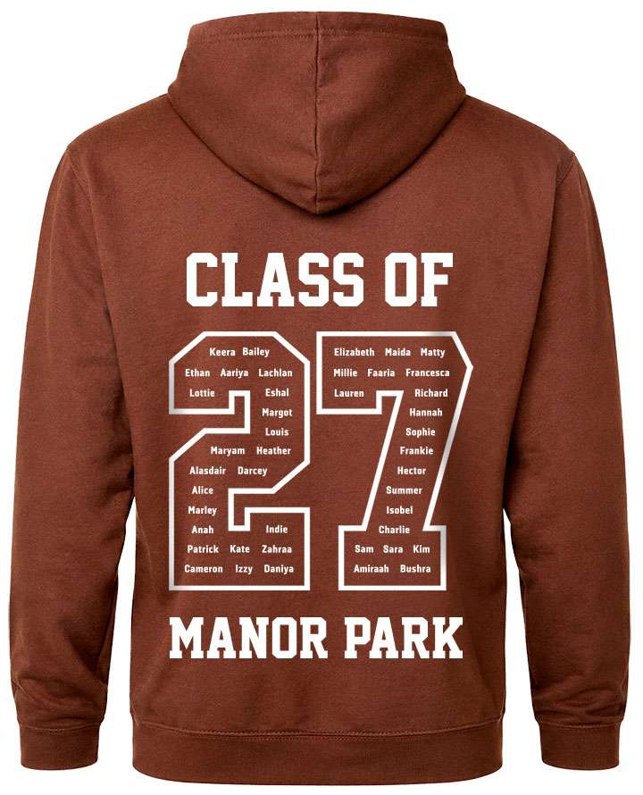 leavers hoodies classic varsity design with class of printed across shoulders, names in a number 27, school name printed at the bottom