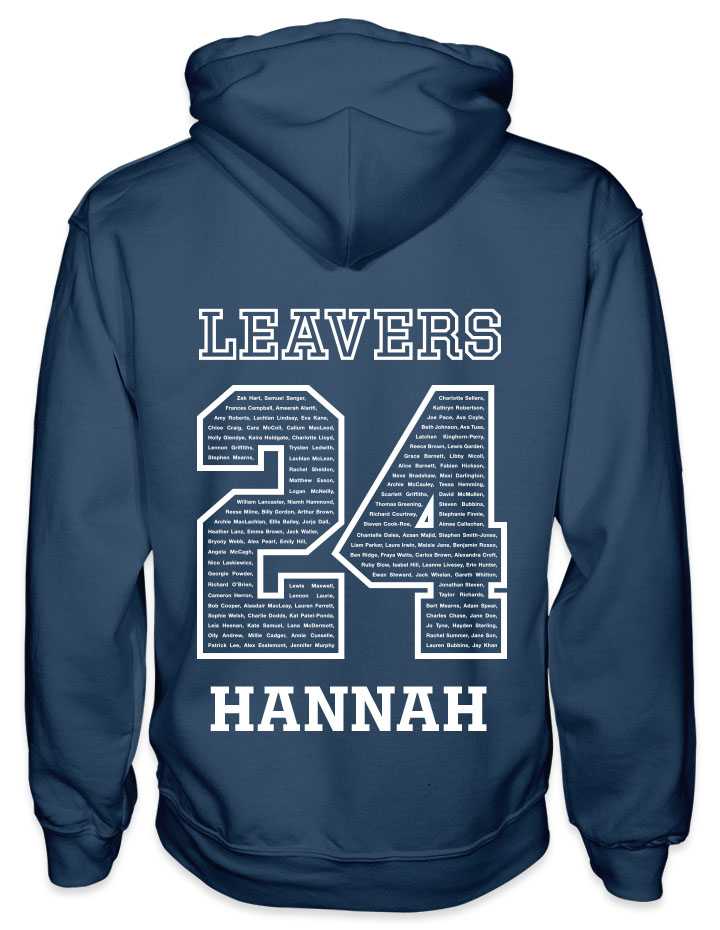 leavers hoodies solid white background design with leavers printed across shoulders, names in a number 24, nickname printed at the bottom