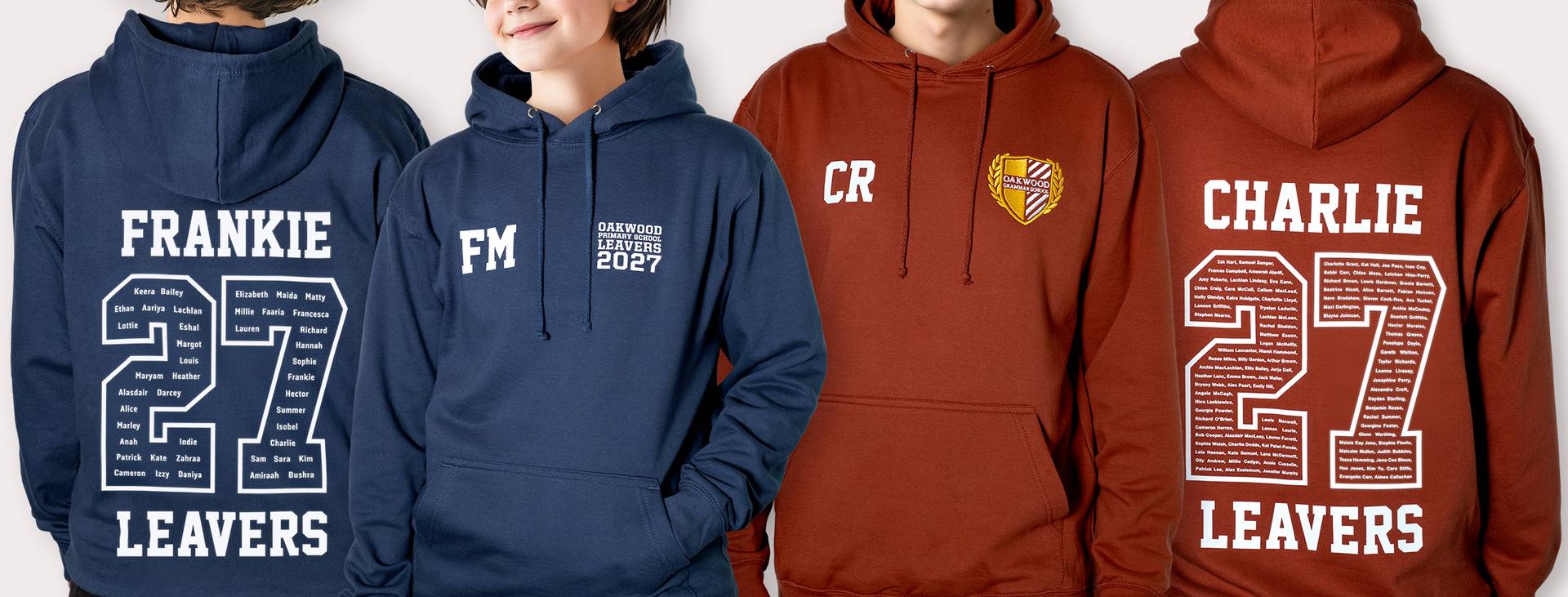 Primary and secondary school students in leavers hoodies with a large "27" leavers design printed on the back