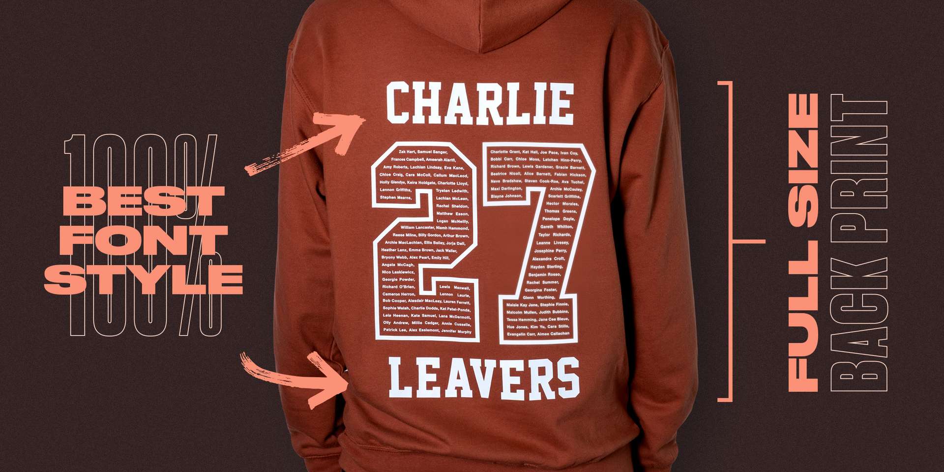 leavers hoodie back print with text overlay highlighting the great font choices and large printed design