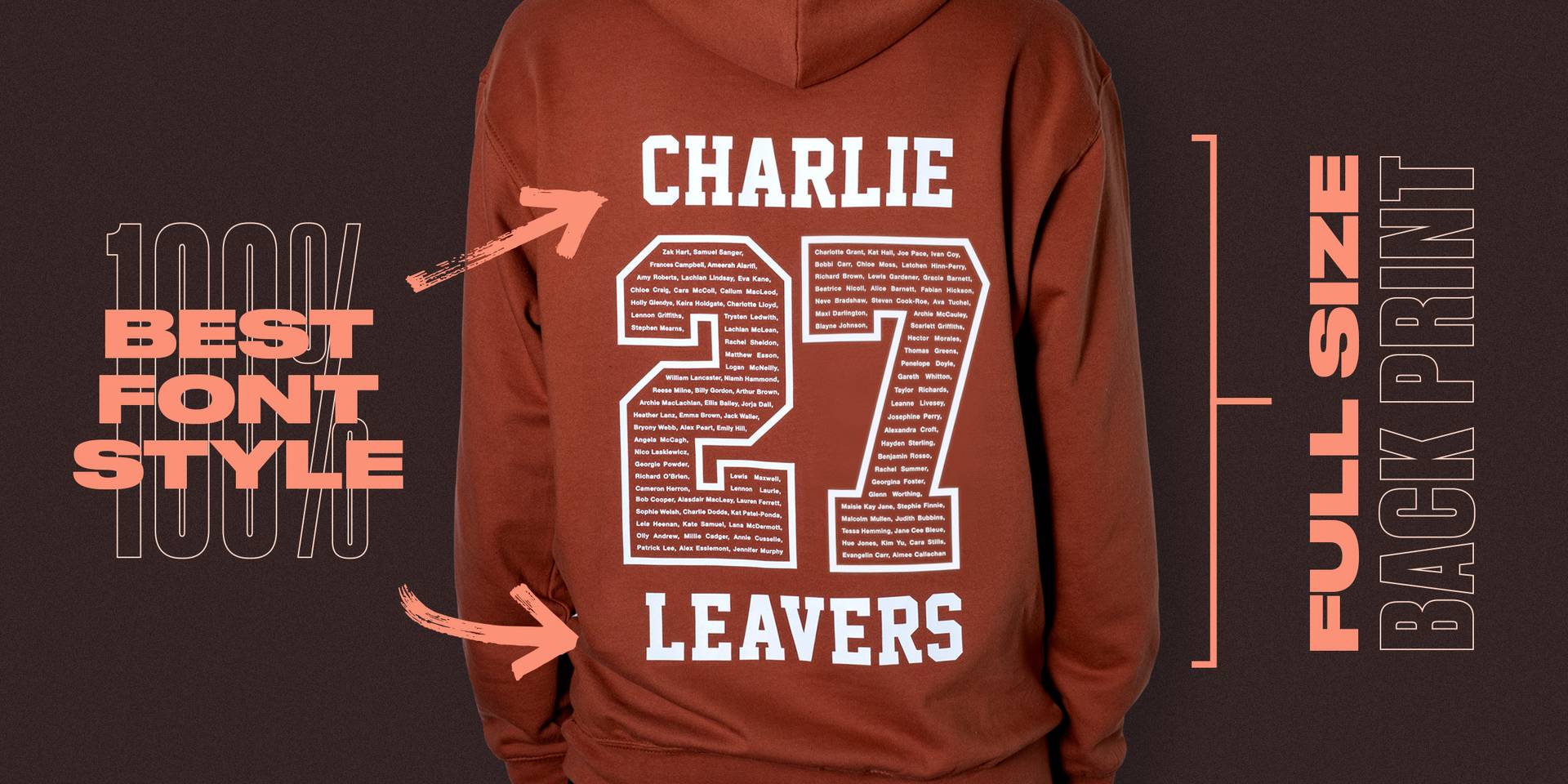 What makes a great school leavers hoodie design the back of a school leavers hoodie showing the names in the number 27 print with an individual name across the shoulders and the word "leavers" printed underneath