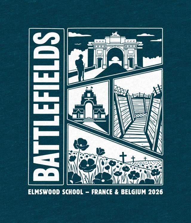 Postcard design with illustrated landmarks of the WW1 battlefield