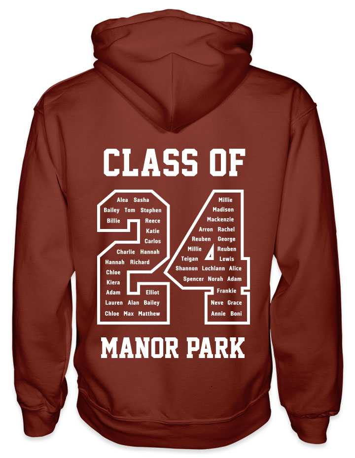 leavers hoodies classic varsity design with class of printed across shoulders, names in a number 24, school name printed at the bottom