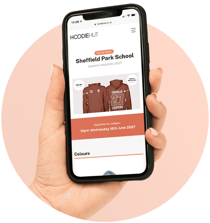 Student holding iPhone showing an example of our leavers hoodies online shop page