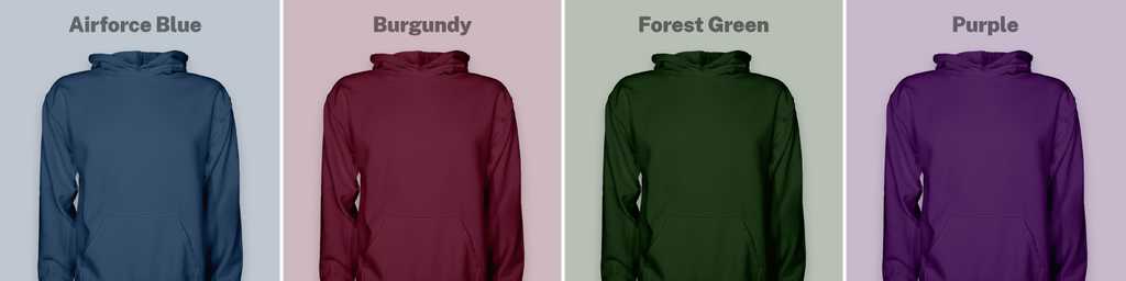 a row of 4 hoodies in airforce blue, burgundy, forest green, and purple
