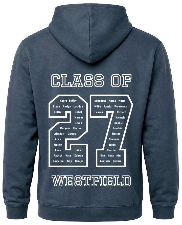 leavers hoodies solid white background design with class of printed across shoulders, names in a number 27, school name printed at the bottom