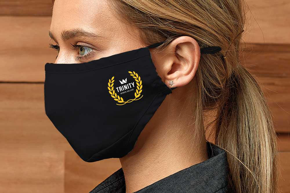 black cotton face mask with school logo print on the side