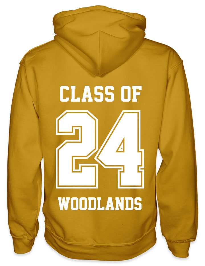 leavers hoodies solid 24 background design with class of printed across shoulders, solid 24, school name printed at the bottom