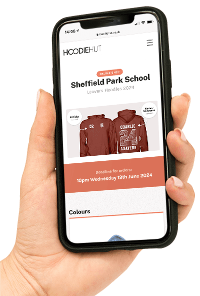 An example of a school's leavers hoodie online shop, displayed on a mobile device