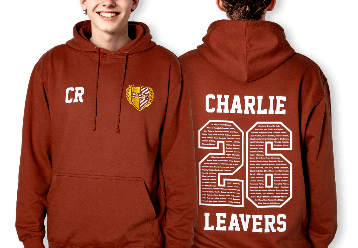 leavers hoodie with a school logo and 25 printed on the back