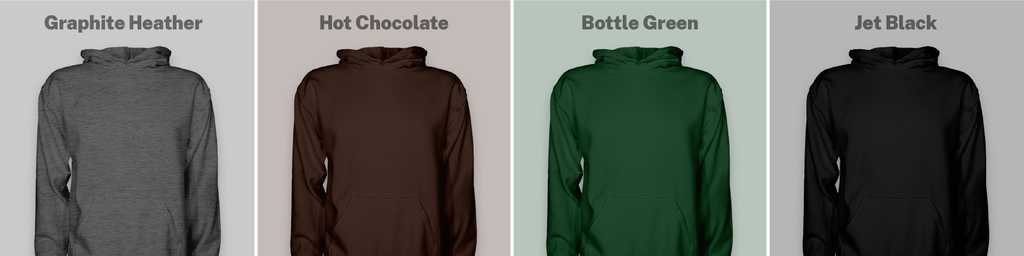 a row of 4 hoodies in graphite heather, hot chocolate, bottle green, and jet black