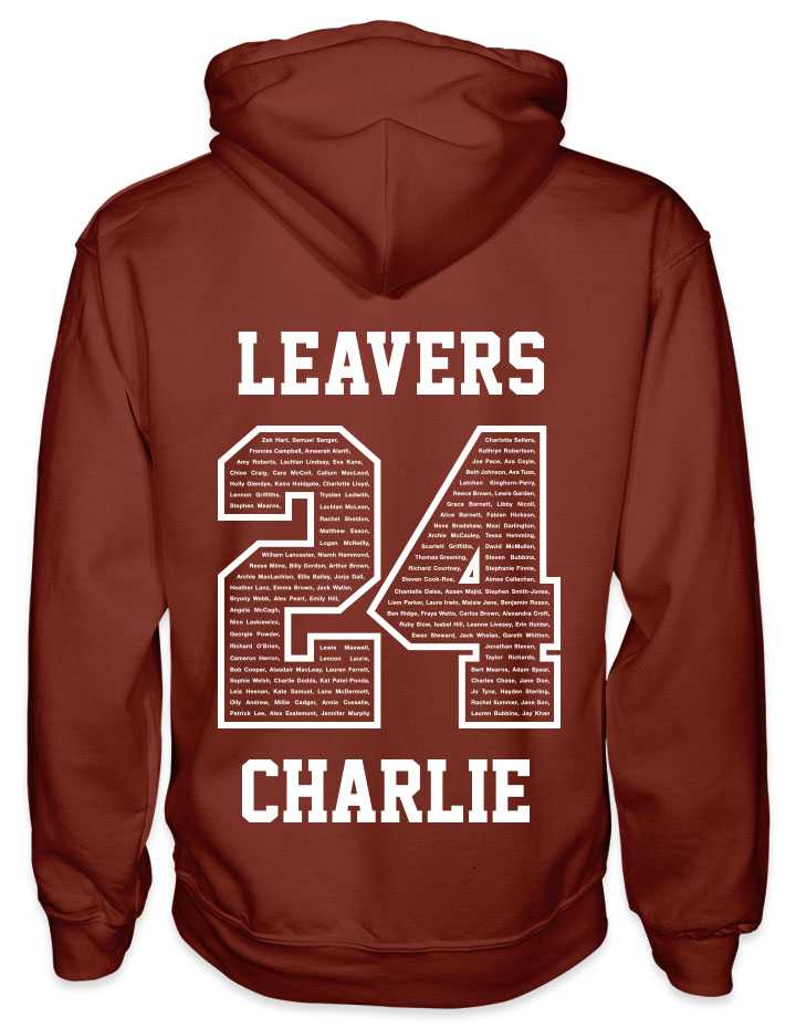leavers hoodies classic varsity design with leavers printed across shoulders, names in a number 24, nickname printed at the bottom