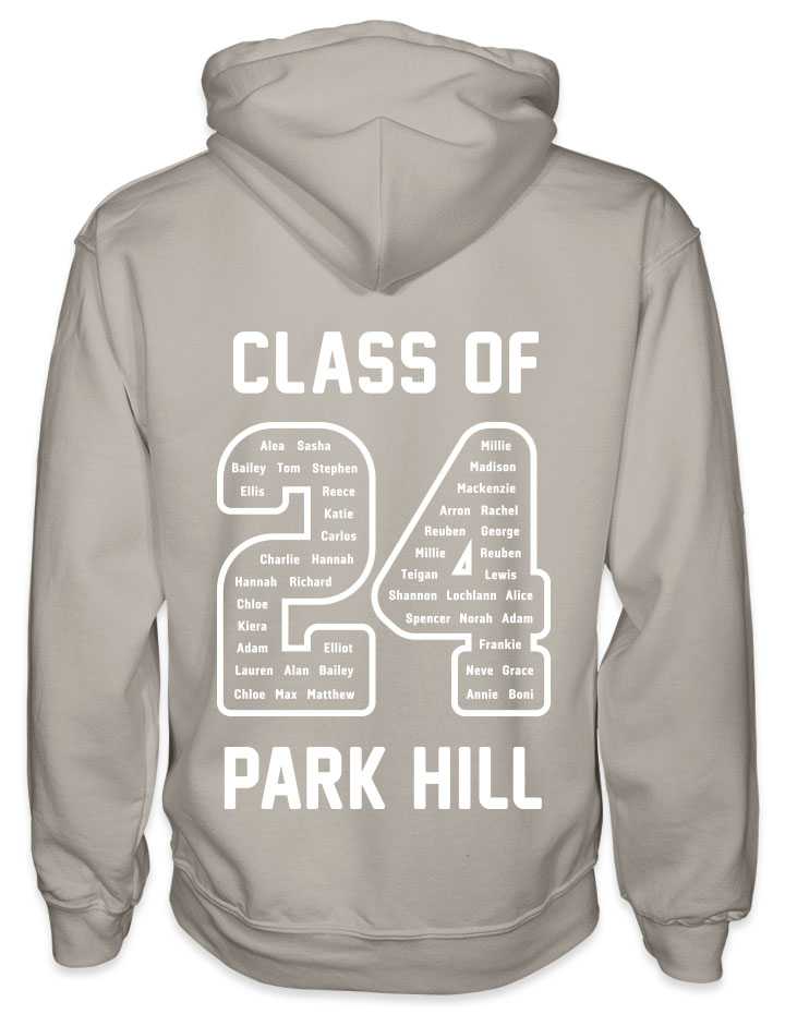 leavers hoodies rounded font design with class of printed across shoulders, names in a number 24, school name printed at the bottom