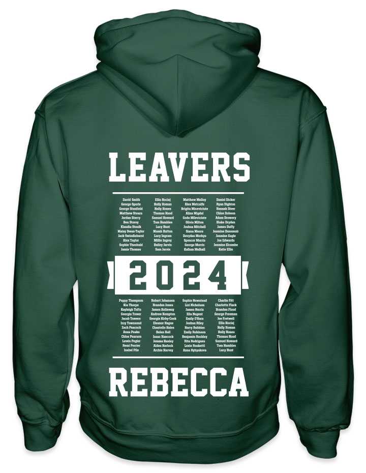 leavers hoodies list of names design with leavers printed across shoulders, names in a list, nickname printed at the bottom