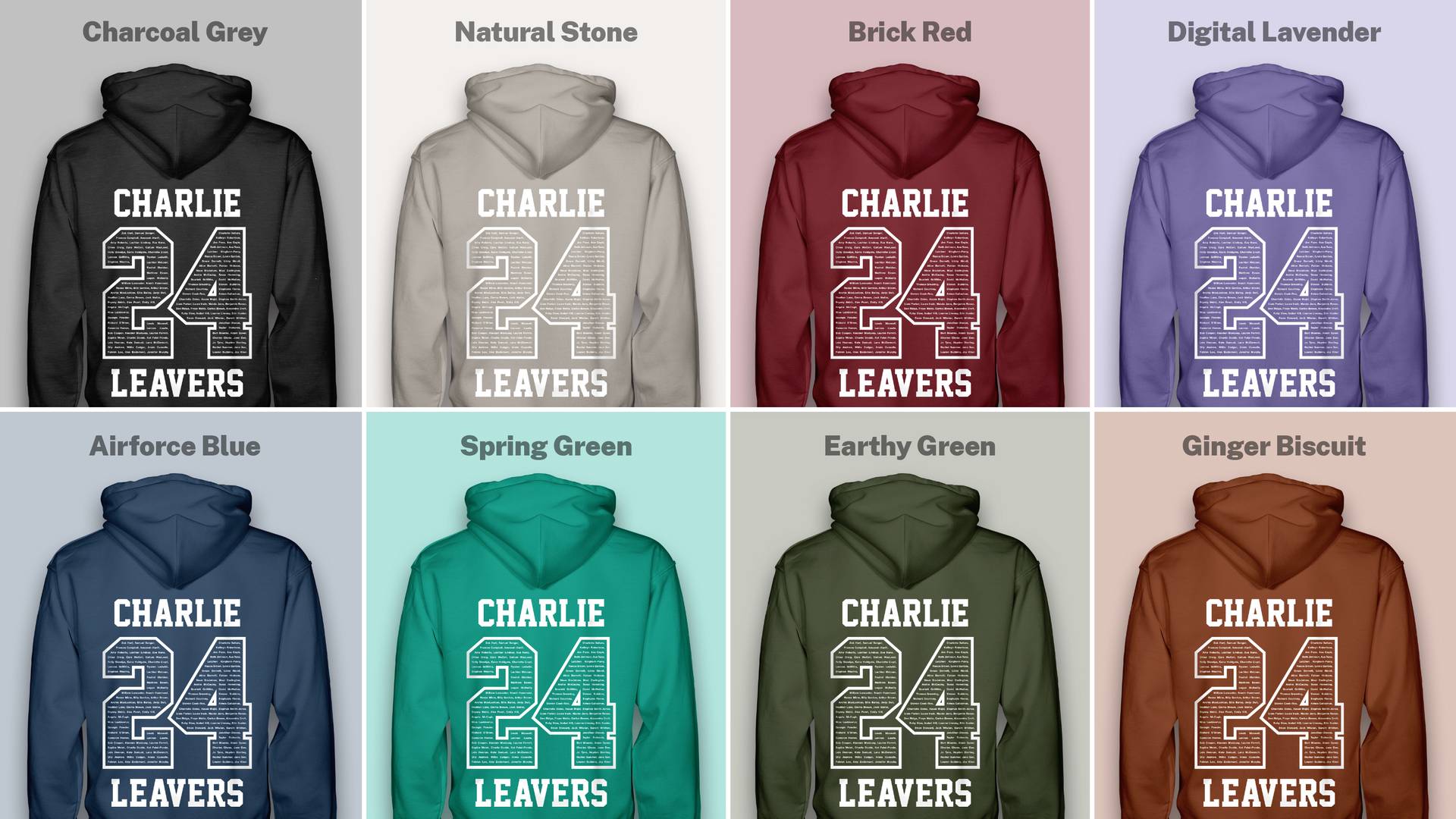 eight hoodies in different colours with a leavers design on the back
