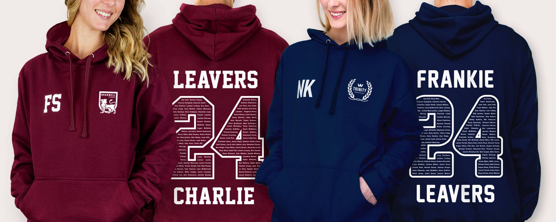Students in colourful school leavers hoodies with a large 24 printed on the back