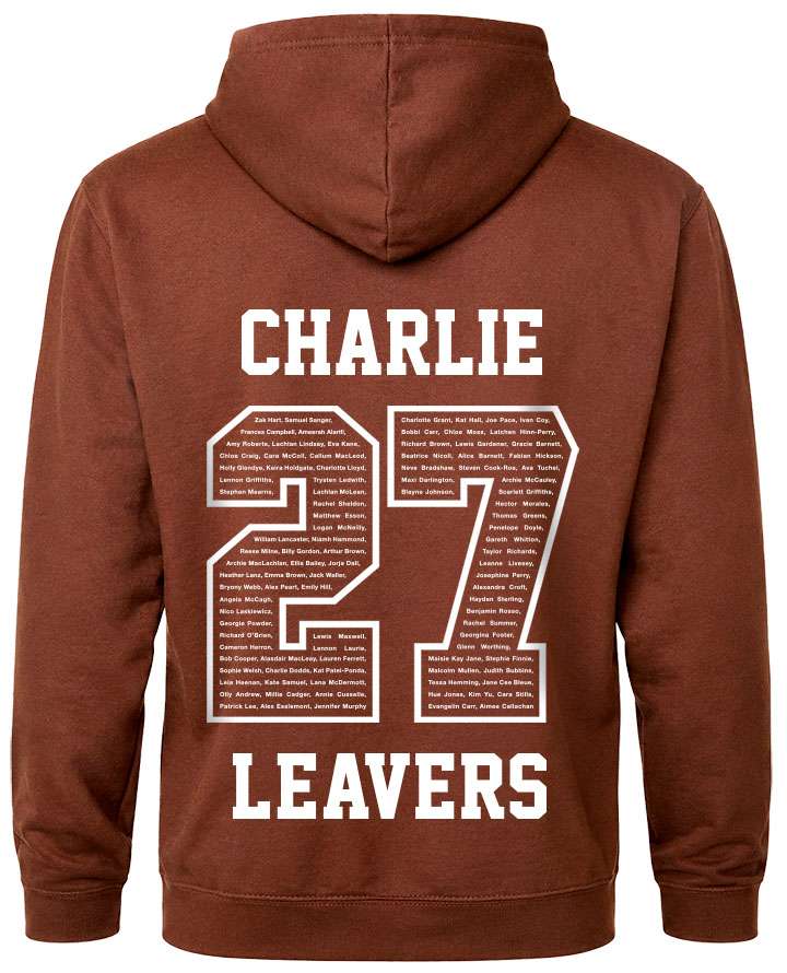 leavers hoodies classic varsity design with leavers printed across shoulders, names in a number 27, nickname printed at the bottom