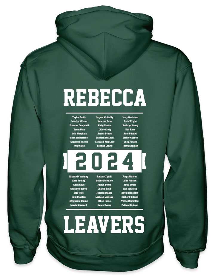 leavers hoodies list of names background design with a nickname printed across shoulders, names in a list, leavers printed at the bottom