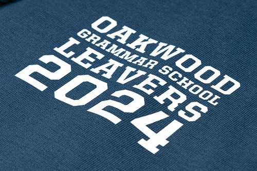 close-up photo of a printed school leavers hoodie design on the front left chest area