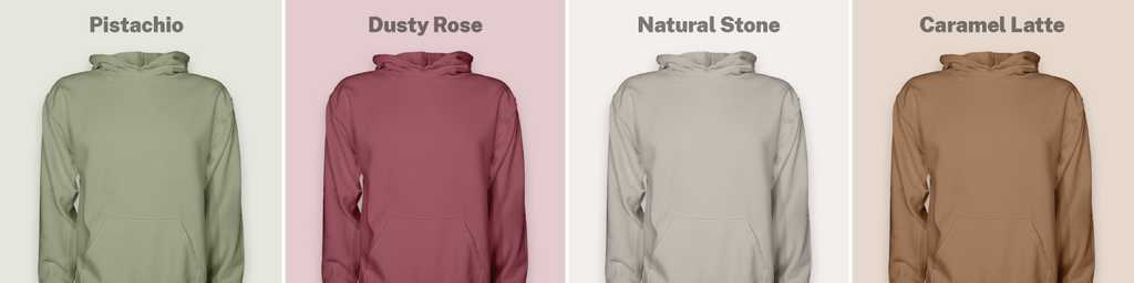 a row of 4 hoodies in pistachio, dusty rose, natural stone, and caramel latte