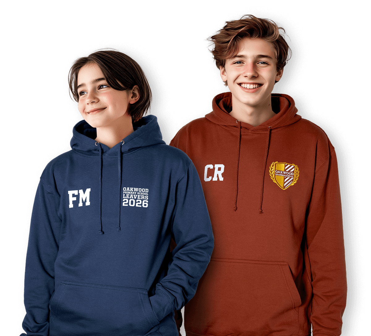 two students wearing school hoodies with a school logo printed on the front