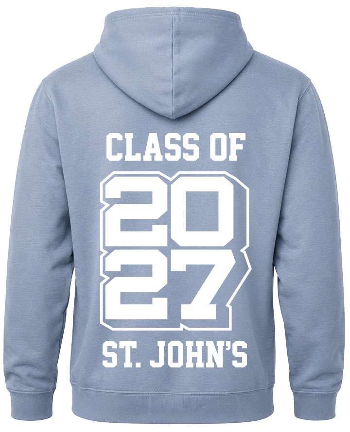 leavers hoodies list of names background design with class of printed across shoulders, names in a list, school name printed at the bottom