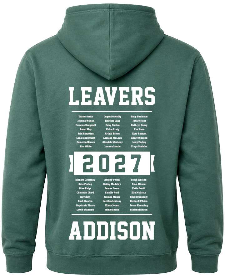 leavers hoodies year group list of names background design with a nickname printed across shoulders, names in a school class list, leavers printed at the bottom