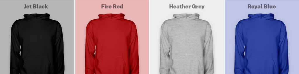 a row of 4 hoodies in jet black, fire red, heather grey, and royal blue