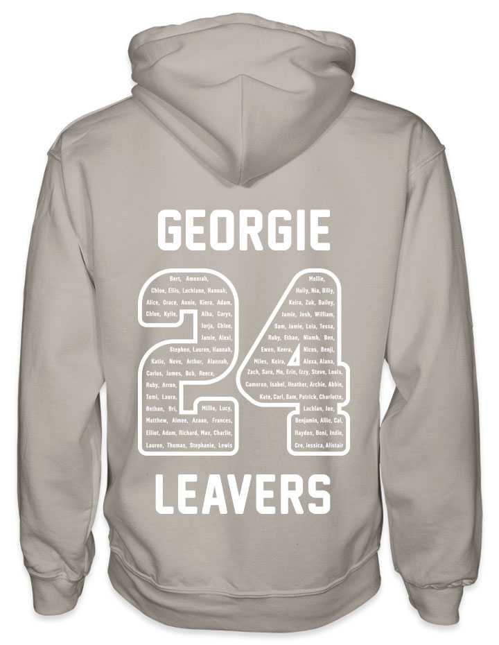 leavers hoodies rounded font design with a nickname printed across shoulders, names in a number 24, leavers printed at the bottom