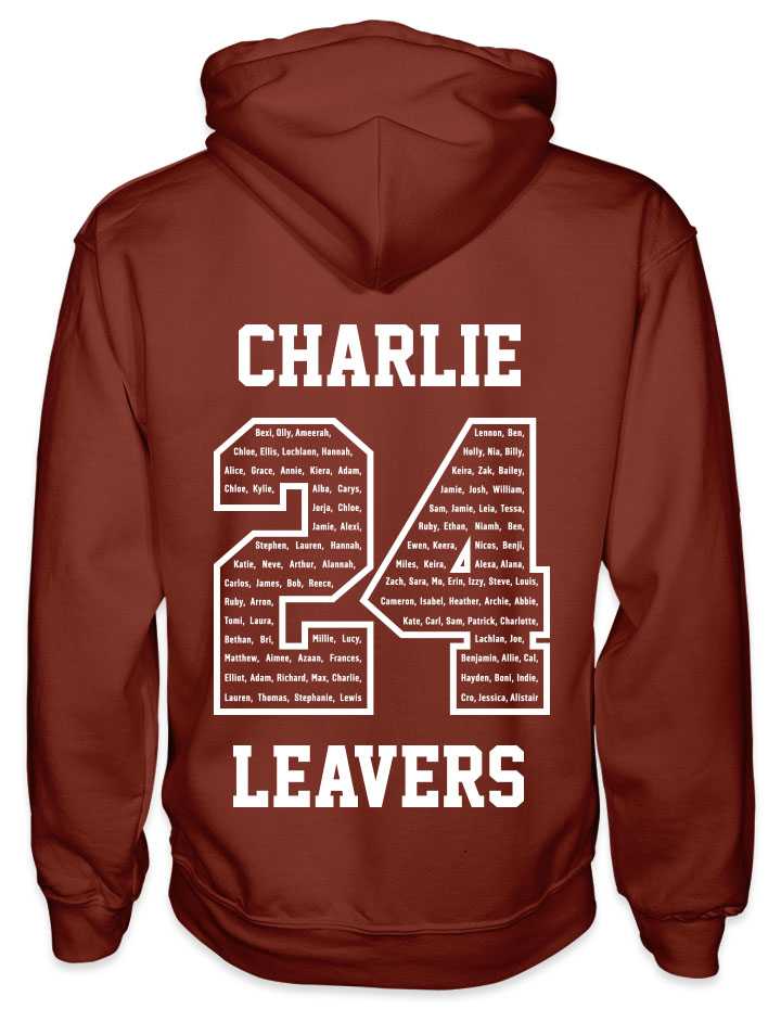 leavers hoodies classic varsity design with a nickname printed across shoulders, names in a number 24, leavers printed at the bottom